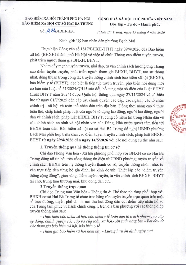 Công văn 1391/CV-PBM ngày 17/04/2026 của Bảo hiểm y tế xã hội Thành phố Hà Nội về việc phối hợp tuyên truyền, tư vấn, giải đáp chính sách BHXH, BHYT- Ảnh 1.