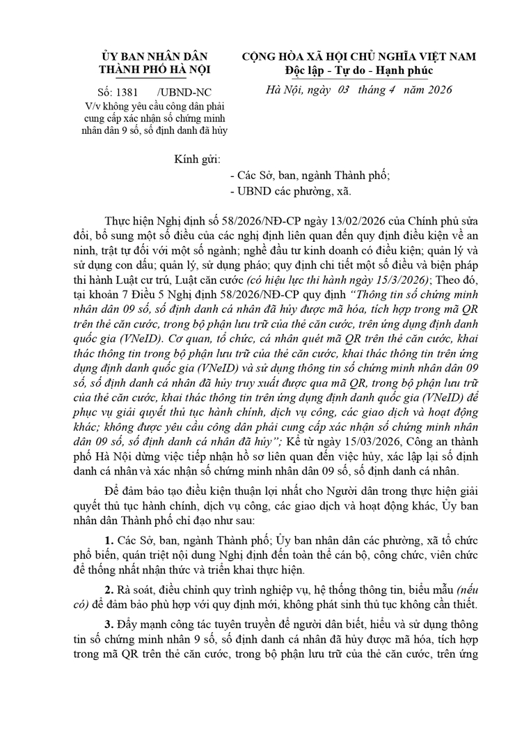 Công văn 1381/UBND-NC ngày 03/04/2026 của UBND Thành phố Hà Nội về việc không yêu cầu công dân phải cung cấp xác nhận số chứng minh nhân dân 9 số, số định danh đã hủy- Ảnh 1.