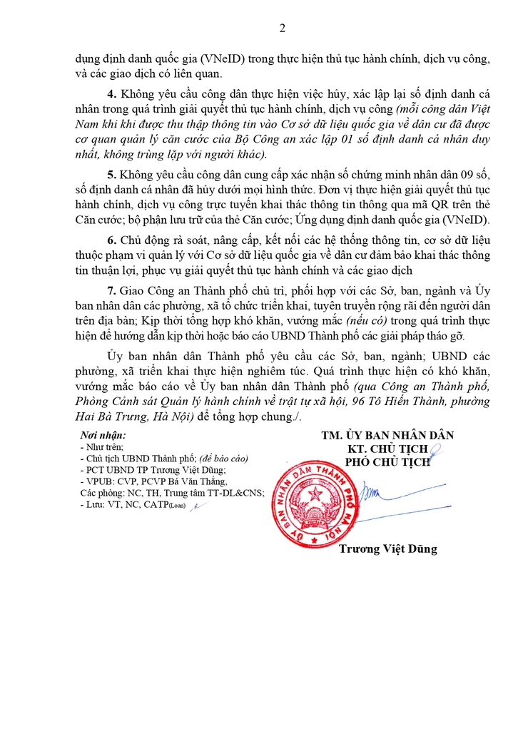 Công văn 1381/UBND-NC ngày 03/04/2026 của UBND Thành phố Hà Nội về việc không yêu cầu công dân phải cung cấp xác nhận số chứng minh nhân dân 9 số, số định danh đã hủy- Ảnh 2.
