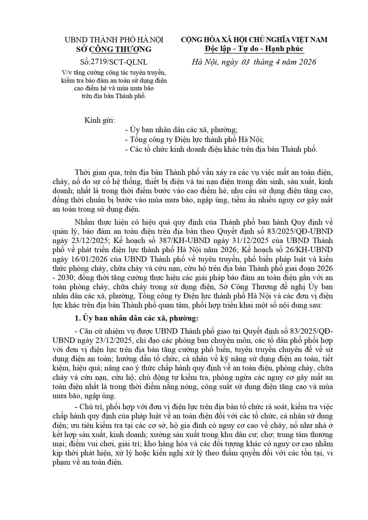 Công văn 2719/SCT-QLNL ngày 03/04/2026 của Sở Công thương về việc tăng cường công tác tuyên truyền, kiểm tra bảo đảm an toàn sử dụng điện cao điểm hè và mùa mưa bão trên địa bàn Thành phố- Ảnh 1.