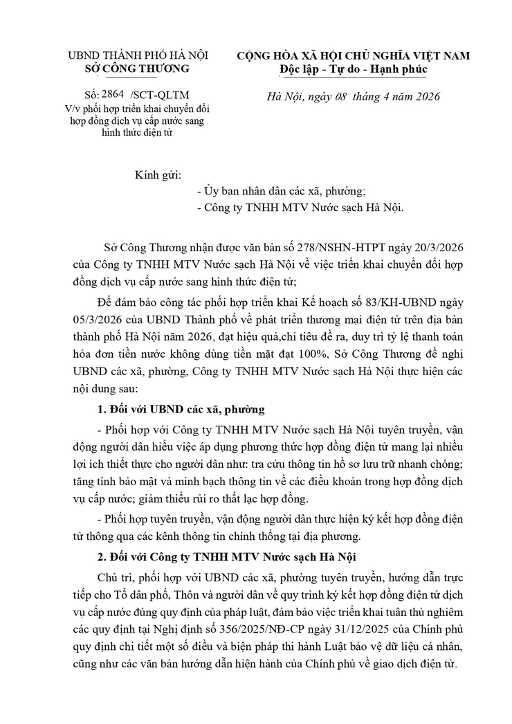 Công văn 2864/SCT-QLTM ngày 08/04/2026 của Sở Công thương về việc phối hợp triển khai chuyển đổi hợp đồng dịch vụ cấp nước sang hình thức điện tử- Ảnh 1.