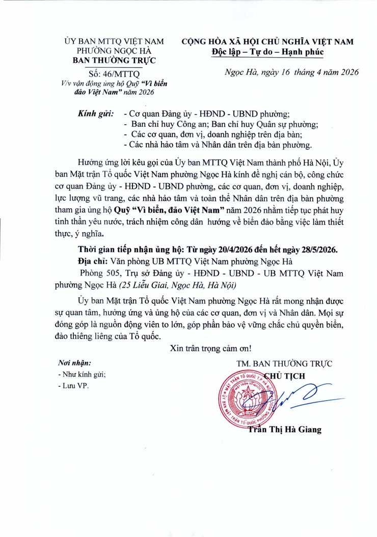 Phường Ngọc Hà phát động ủng hộ Quỹ "Vì biển, đảo Việt Nam" năm 2026- Ảnh 1.