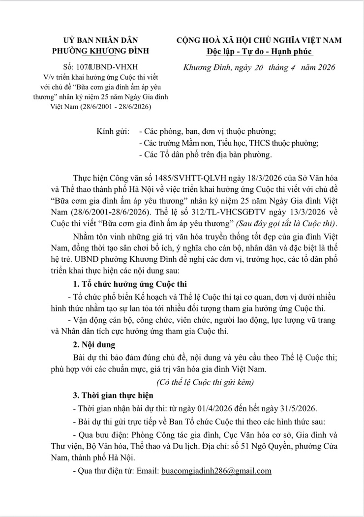 Triển khai hưởng ứng Cuộc thi viết với chủ đề “Bữa cơm gia đình ấm áp yêu thương” nhân kỷ niệm 25 năm Ngày Gia đình Việt Nam (28/6/2001 - 28/6/2026) - Ảnh 1.