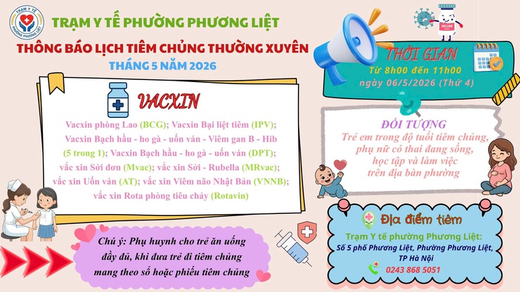 TRẠM Y TẾ PHƯỜNG PHƯƠNG LIỆT THÔNG BÁO LỊCH TIÊM CHỦNG THƯỜNG XUYÊN THÁNG 5/2026- Ảnh 1.