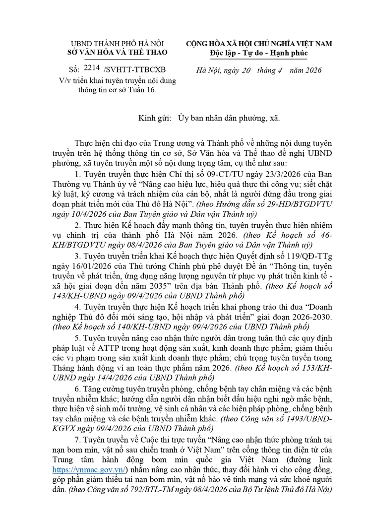 Công văn số 2214/SVHTT-TTBCXB ngày 20/04/2026 của UBND Thành phố Hà Nội về việc triển khai tuyên truyền nội dung thông tin cơ sở Tuần 16- Ảnh 1.