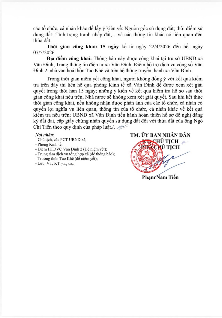 Thông báo về việc niêm yết công khai hồ sơ đăng ký đất đai, cấp giấy chứng nhận quyềnsử dụng đất, quyền sở hữu tài sản gắn liền với đất đối với ông Ngô Chí Tiến, nơi thường trú thôn Tảo Khê, xã Vân Đình- Ảnh 2.