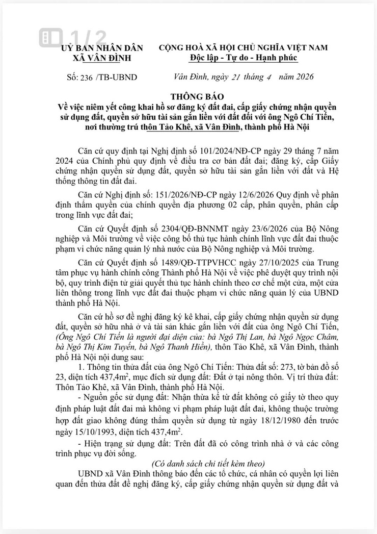 Thông báo về việc niêm yết công khai hồ sơ đăng ký đất đai, cấp giấy chứng nhận quyềnsử dụng đất, quyền sở hữu tài sản gắn liền với đất đối với ông Ngô Chí Tiến, nơi thường trú thôn Tảo Khê, xã Vân Đình- Ảnh 1.