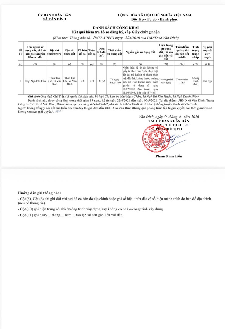 Thông báo về việc niêm yết công khai hồ sơ đăng ký đất đai, cấp giấy chứng nhận quyềnsử dụng đất, quyền sở hữu tài sản gắn liền với đất đối với ông Ngô Chí Tiến, nơi thường trú thôn Tảo Khê, xã Vân Đình- Ảnh 3.