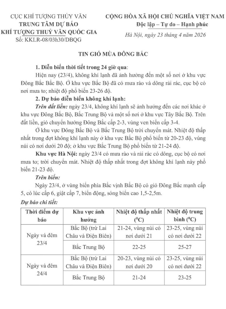 Trung tâm dự báo khí tượng thuỷ văn Quốc gia thông báo: tin gió mùa đông bắc và tin dự báo mưa dông, lốc xoáy và gió giật mạnh trên biển
- Ảnh 1.