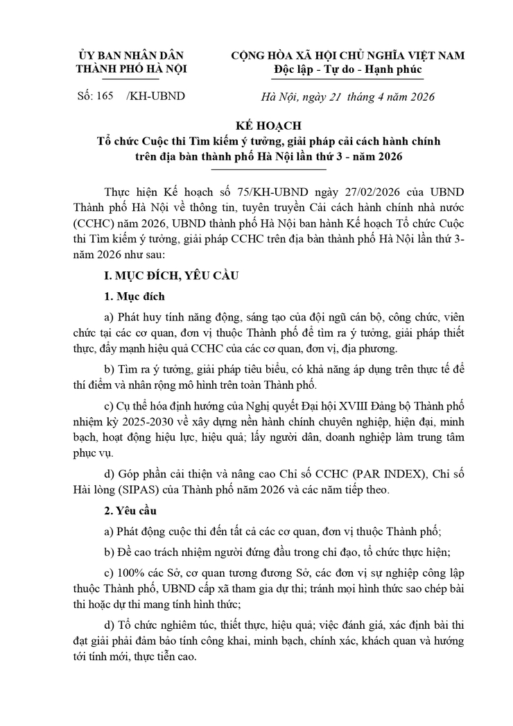 Kế hoạch Tổ chức Cuộc thi Tìm kiếm ý tưởng, giải pháp cải cách hành chính trên địa bàn thành phố Hà Nội lần thứ 3 - năm 2026- Ảnh 1.