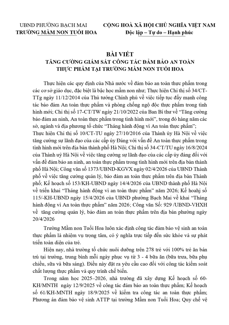 BÀI VIẾT  TĂNG CƯỜNG GIÁM SÁT CÔNG TÁC ĐẢM BẢO AN TOÀN THỰC PHẨM TẠI TRƯỜNG MẦM NON TUỔI HOA- Ảnh 1.
