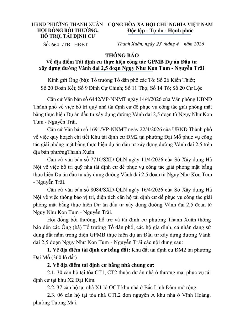 Thông báo về địa điểm tái định cư thực hiện công tác giải phóng mặt bằng Dự án Đầu tư xây dựng đường Vành đai 2,5 đoạn Ngụy Như Kon Tum - Nguyễn Trãi- Ảnh 1.