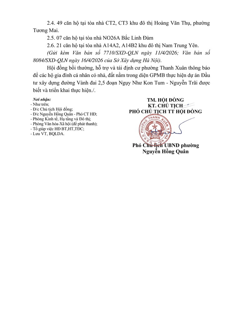 Thông báo về địa điểm tái định cư thực hiện công tác giải phóng mặt bằng Dự án Đầu tư xây dựng đường Vành đai 2,5 đoạn Ngụy Như Kon Tum - Nguyễn Trãi- Ảnh 2.