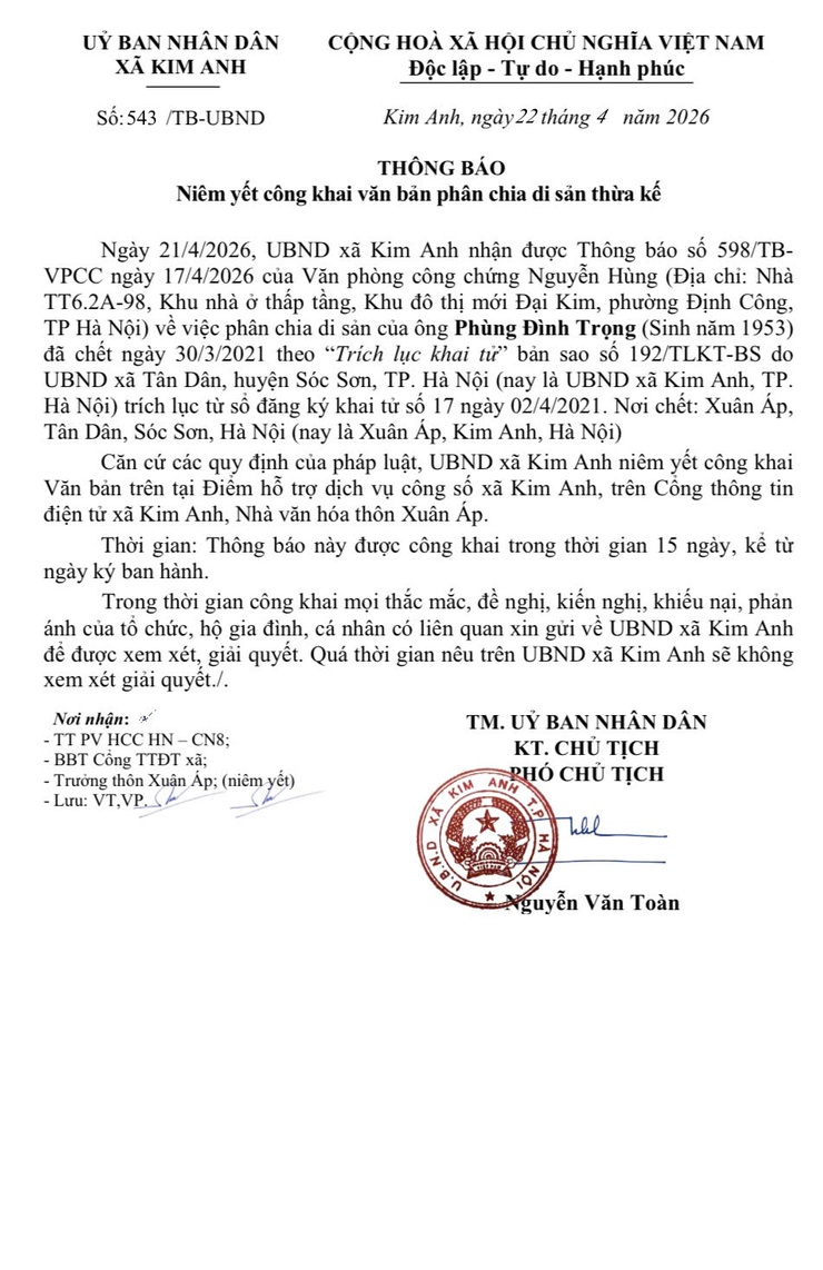 THÔNG BÁO NIÊM YẾT CÔNG KHAI VĂN BẢN PHÂN CHIA DI SẢN THỪA KẾ CỦA ÔNG PHÙNG ĐÌNH TRỌNG THÔN XUÂN ẤP, XÃ KIM ANH, THÀNH PHỐ HÀ NỘI- Ảnh 1.