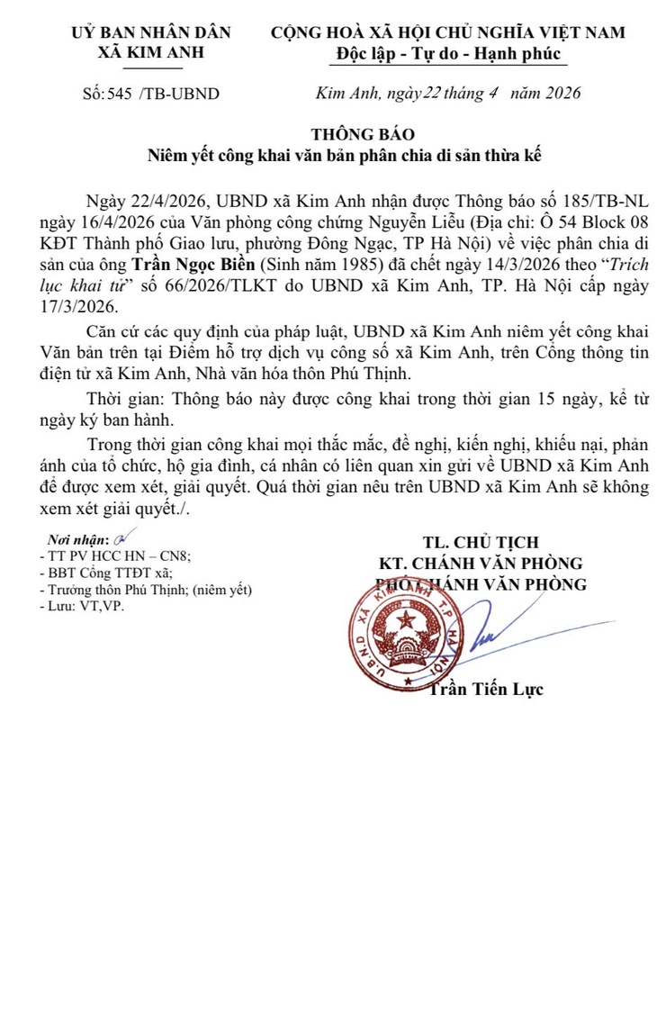 THÔNG BÁO NIÊM YẾT CÔNG KHAI PHÂN CHIA DI SẢN THỪA KẾ CỦA ÔNG TRẦN NGỌC BIỀN THÔN PHÚ THỊNH, XÃ KIM ANH, THÀNH PHỐ HÀ NỘI- Ảnh 1.