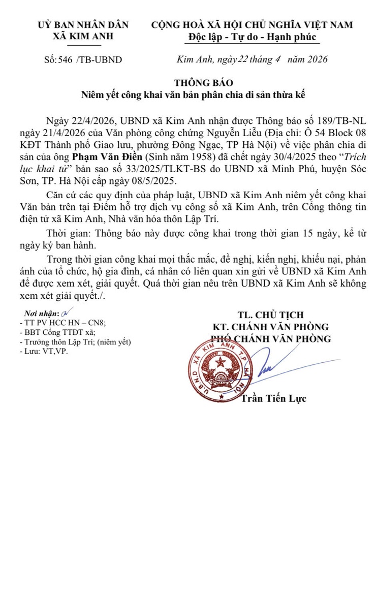 THÔNG BÁO NIÊM YẾT CÔNG KHAI PHÂN CHIA DI SẢN THỪA KẾ CỦA ÔNG PHẠM VĂN ĐIỀN THÔN LẬP TRÍ, XÃ KIM ANH, THÀNH PHỐ HÀ NỘI- Ảnh 1.