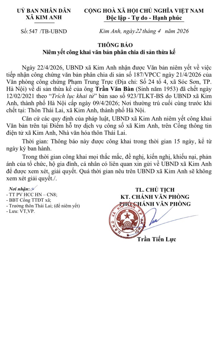 THÔNG BÁO NIÊM YẾT CÔNG KHAI PHÂN CHIA DI SẢN THỪA KẾ CỦA ÔNG TRẦN VĂN BÀN THÔN THÁI LAI, XÃ KIM ANH, THÀNH PHỐ HÀ NỘI- Ảnh 1.
