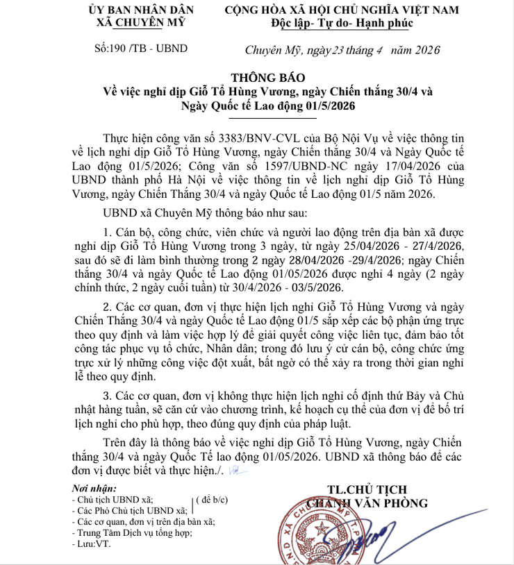 Thông báo nghỉ lễ Giỗ Tổ Hùng Vương và 30/4-1/5/2026- Ảnh 2.