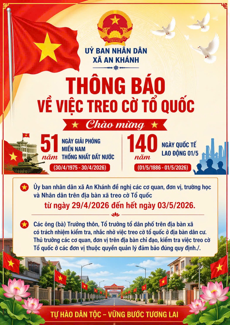 Thông báo về việc treo cờ Tổ quốc chào mừng kỷ niệm 51 năm ngày giải phóng miền Nam, thống nhất đất nước và 140 năm Quốc tế Lao động 01/5- Ảnh 1.