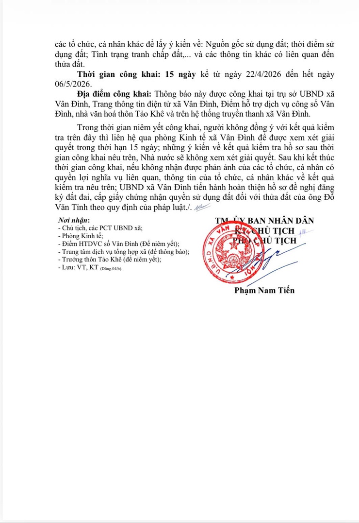 Thông báo về việc niêm yết công khai hồ sơ đăng ký đất đai, cấp giấy chứng nhận quyền sử dụng đất, quyền sở hữu tài sản gắn liền với đất đối với ông Đỗ Văn Tỉnh,
nơi thường trú thôn Tảo Khê, xã Vân Đình- Ảnh 2.