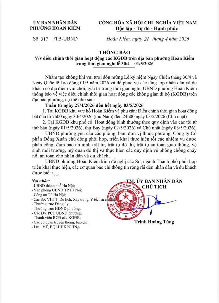 Thông báo điều chỉnh thời gian hoạt động các không gian đi bộ trên địa bàn phường Hoàn Kiếm trong thời gian nghỉ lễ 30/4 - 01/5- Ảnh 1.