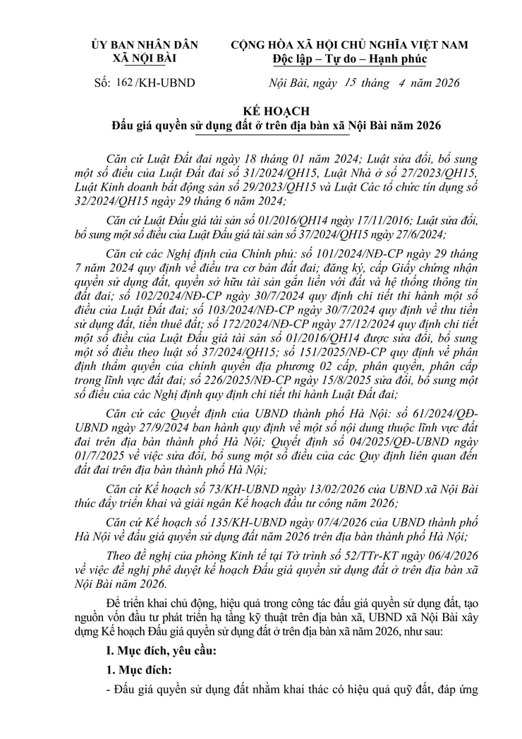 Kế hoạch Đấu giá Quyền sử dụng đất ở trên địa bàn xã Nội Bài năm 2026- Ảnh 1.