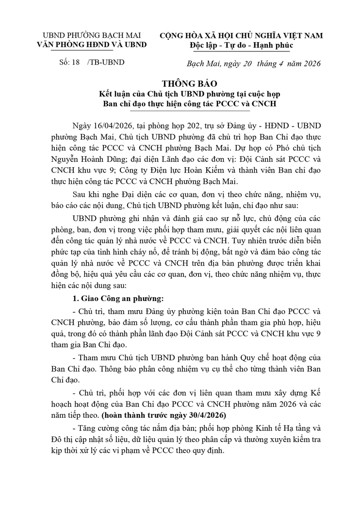 Thông báo Kết luận của Chủ tịch UBND phường tại cuộc họp Ban chỉ đạo thực hiện công tác PCCC và CNCH- Ảnh 1.