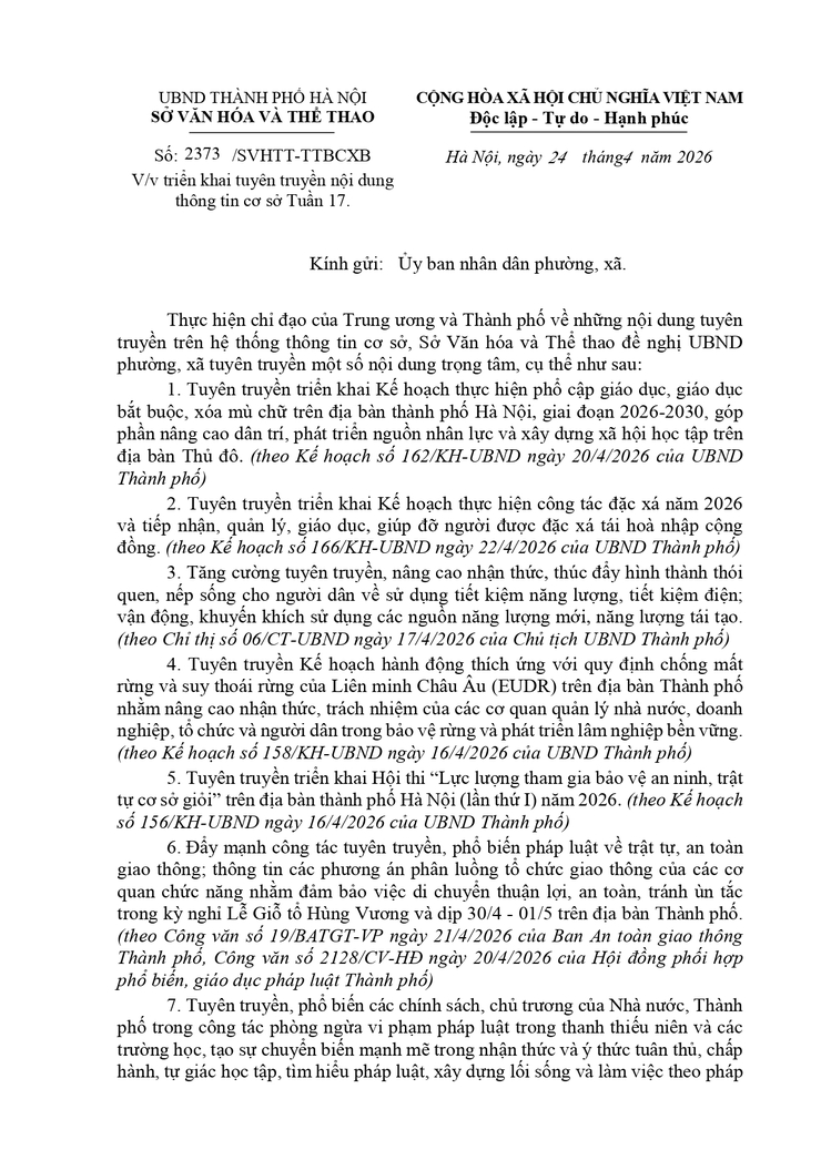 Công văn 2373/SVHTT-TTBCXB ngày 24/04/2026 của UBND Thành phố Hà Nội về việc triển khai tuyên truyền nội dung thông tin cơ sở Tuần 17- Ảnh 1.