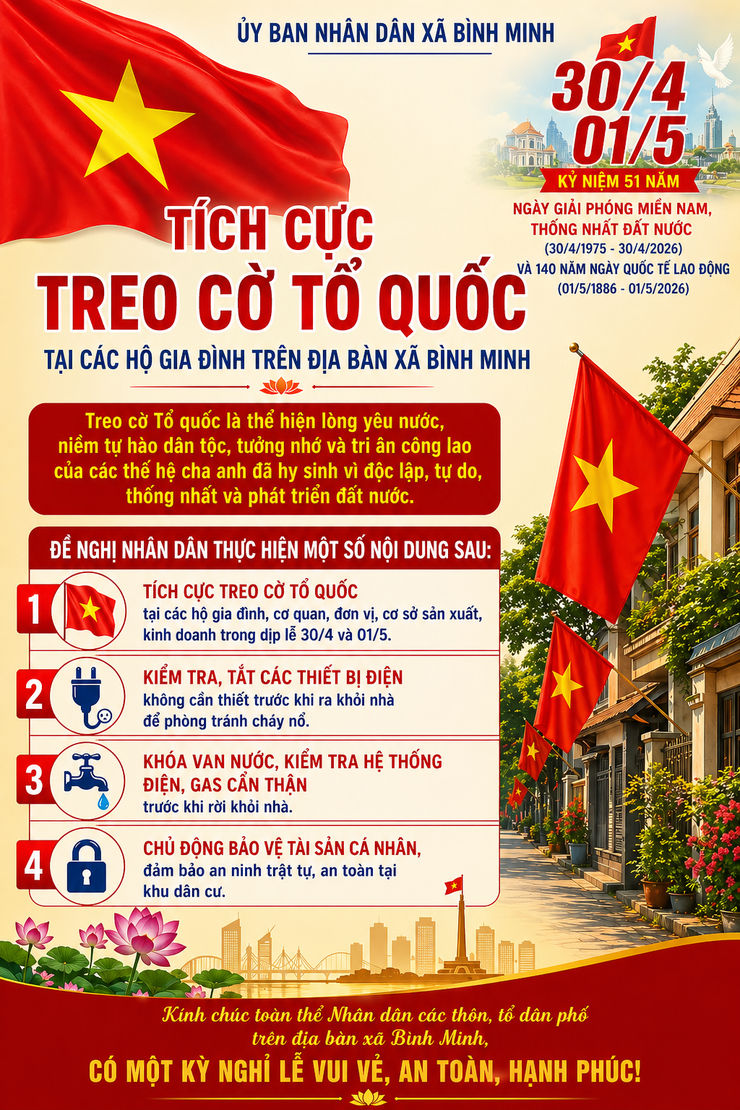 XÃ BÌNH MINH TÍCH CỰC TREO CỜ TỔ QUỐC CHÀO MỪNG KỶ NIỆM NGÀY GIẢI PHÓNG MIỀN NAM 30/4 VÀ NGÀY QUỐC TẾ LAO ĐỘNG 01/5- Ảnh 3.