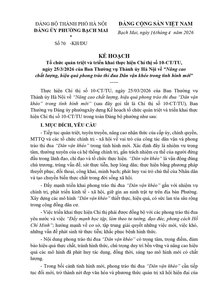 Kế hoạch Tổ chức quán triệt và triển khai thực hiện Chỉ thị số 10-CT/TU, ngày 25/3/2026 của Ban Thường vụ Thành ủy Hà Nội về "Nâng cao chất lượng, hiệu quả phong trào thi đua Dân vận khéo trong tình hình mới"- Ảnh 1.