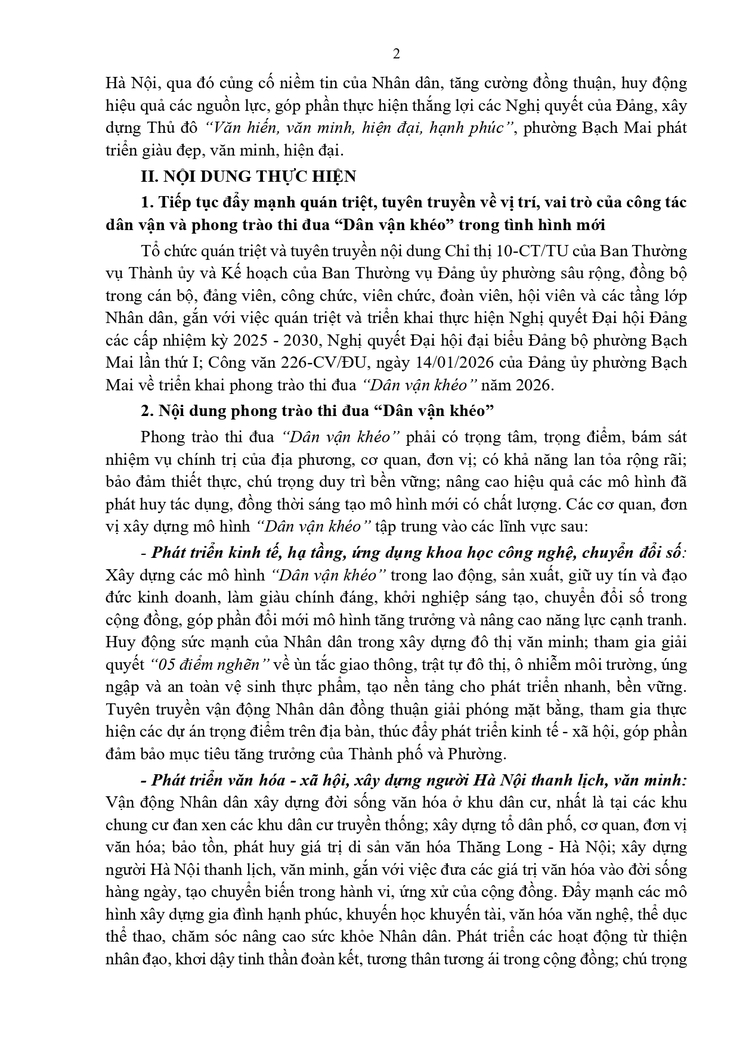 Kế hoạch Tổ chức quán triệt và triển khai thực hiện Chỉ thị số 10-CT/TU, ngày 25/3/2026 của Ban Thường vụ Thành ủy Hà Nội về "Nâng cao chất lượng, hiệu quả phong trào thi đua Dân vận khéo trong tình hình mới"- Ảnh 2.