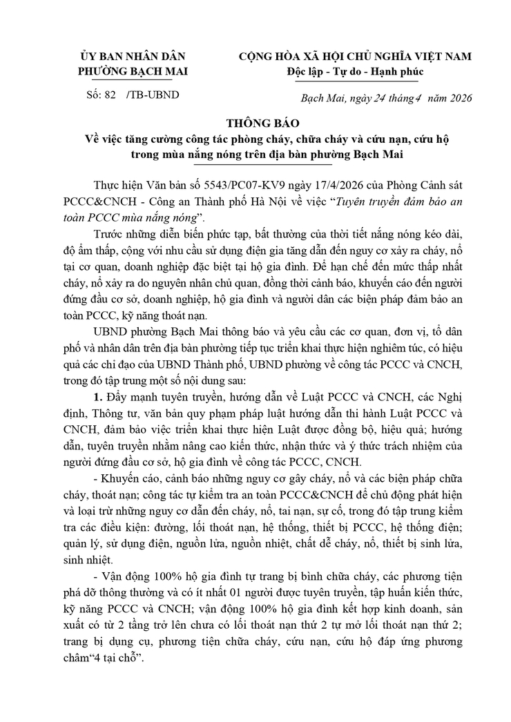 Thông báo về việc tăng cường công tác phòng cháy, chữa cháy và cứu nạn, cứu hộ trong mùa nắng nóng trên địa bàn phường Bạch Mai - Ảnh 1.