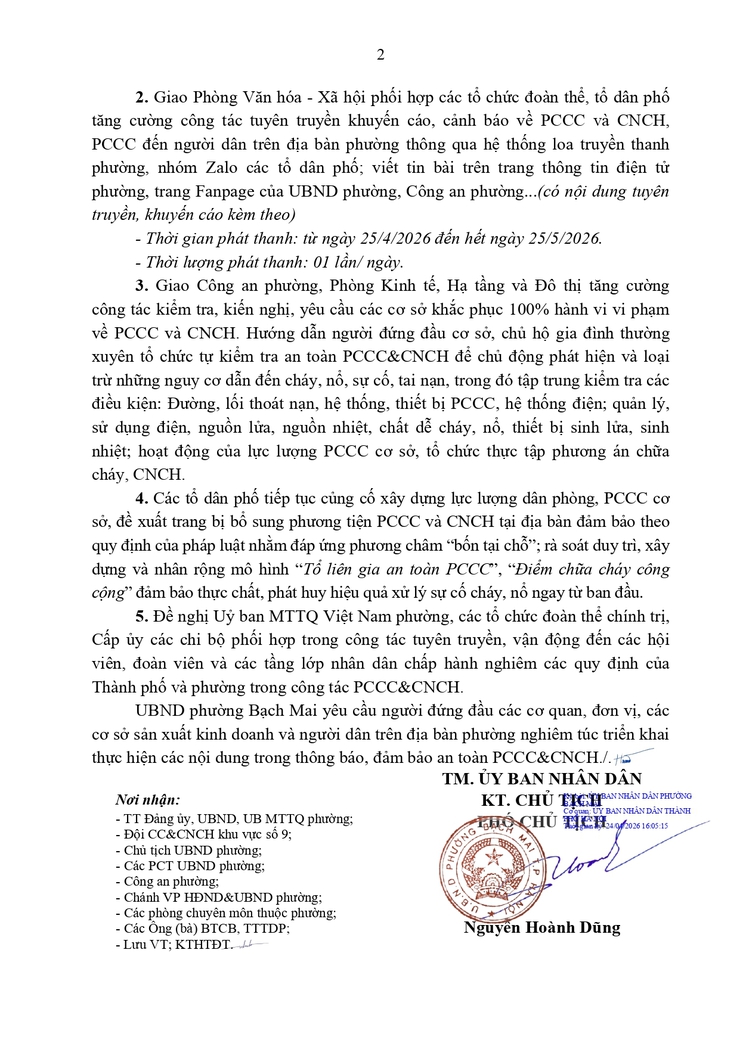 Thông báo về việc tăng cường công tác phòng cháy, chữa cháy và cứu nạn, cứu hộ trong mùa nắng nóng trên địa bàn phường Bạch Mai - Ảnh 2.