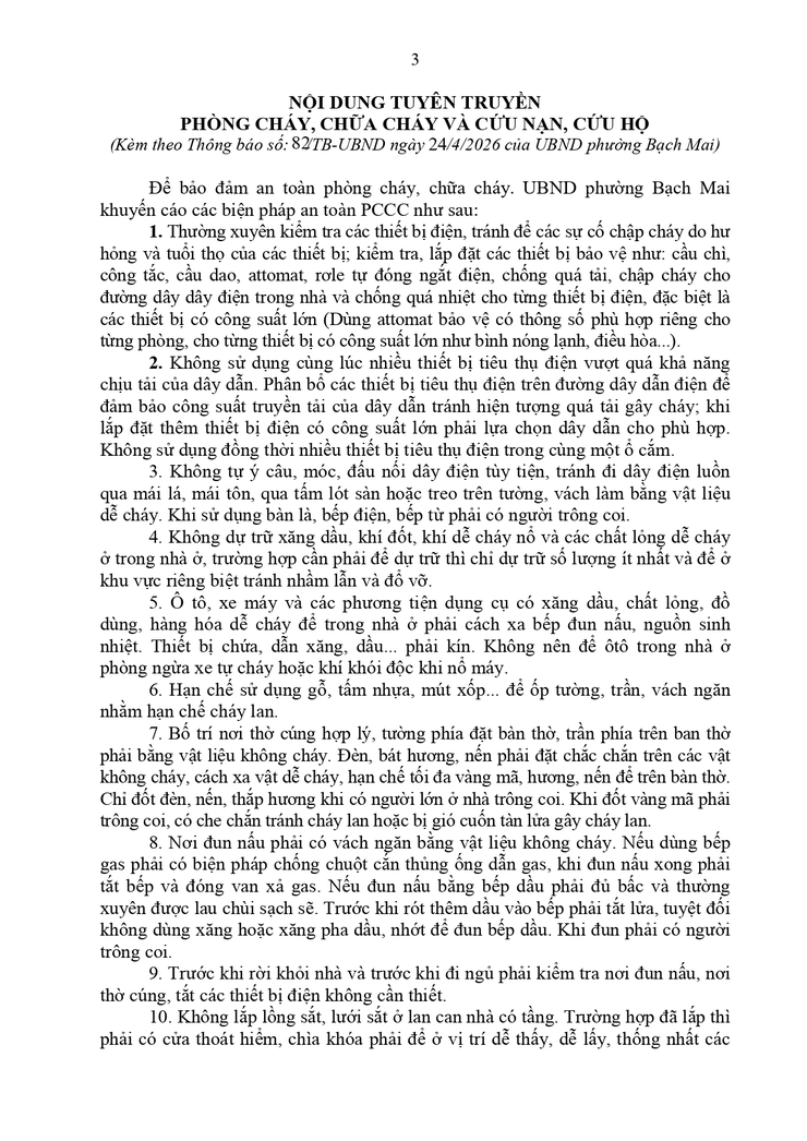 Thông báo về việc tăng cường công tác phòng cháy, chữa cháy và cứu nạn, cứu hộ trong mùa nắng nóng trên địa bàn phường Bạch Mai - Ảnh 3.