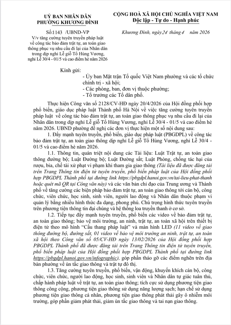 Tăng cường tuyên truyền pháp luật bảo đảm trật tự, an toàn giao thông phục vụ Nhân dân dịp Giỗ Tổ Hùng Vương, 30/4 – 01/5 và cao điểm hè 2026- Ảnh 1.