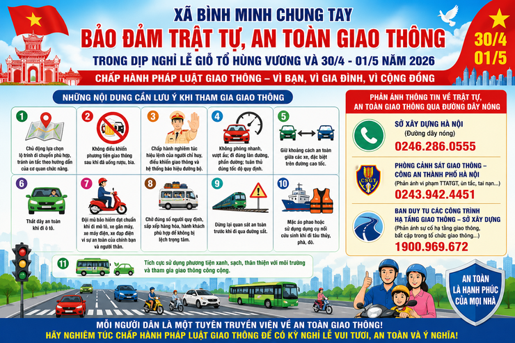 XÃ BÌNH MINH TĂNG CƯỜNG TUYÊN TRUYỀN BẢO ĐẢM TRẬT TỰ, AN TOÀN GIAO THÔNG TRONG DỊP NGHỈ LỄ GIỖ TỔ HÙNG VƯƠNG VÀ 30/4 - 01/5 NĂM 2026- Ảnh 1.
