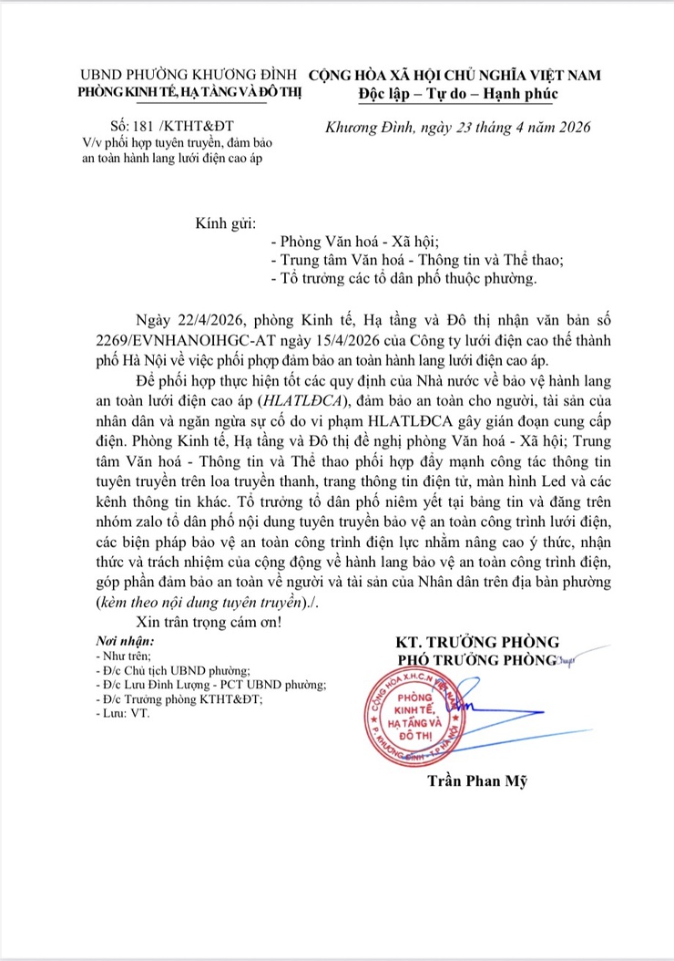 Phường Khương Đình tuyên truyền, đảm bảo an toàn hành lang lưới điện cao áp- Ảnh 1.