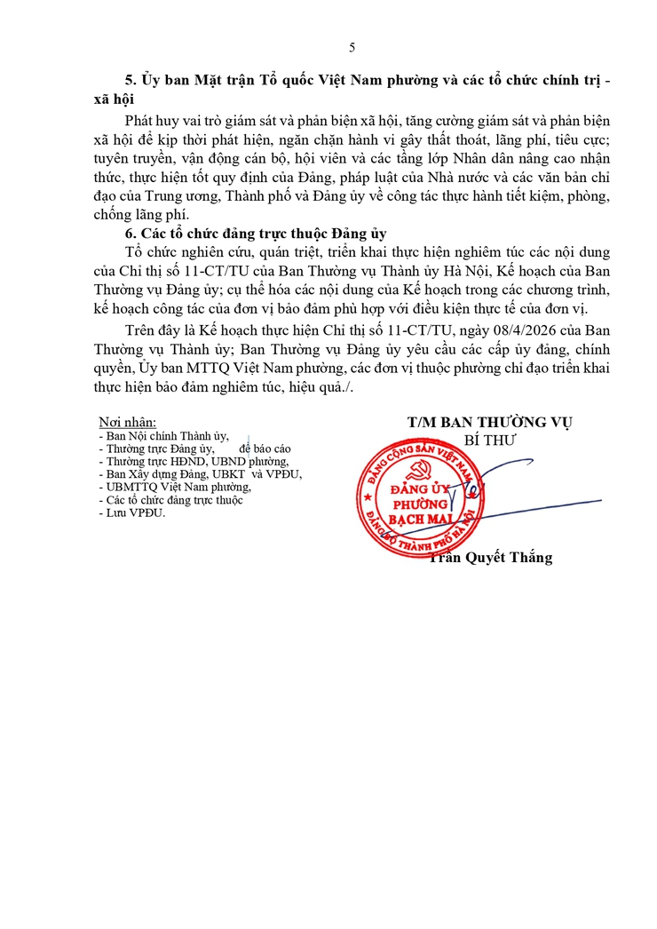 Kế hoạch Quán triệt, triển khai thực hiện Chỉ thị số 11-CT/TU, ngày 08/4/2026 của Ban Thường vụ Thành ủy về "tăng cường sự lãnh đạo của cấp ủy Đảng trong xây dựng văn hóa tiết kiệm, phòng, chống lãng phí" trên địa phường Bạch Mai- Ảnh 5.