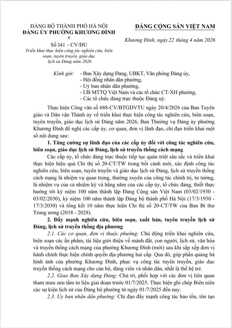 Đảng ủy phường Khương Đình triển khai công tác nghiên cứu, biên soạn, tuyên truyền, giáo dục lịch sử Đảng năm 2026- Ảnh 1.