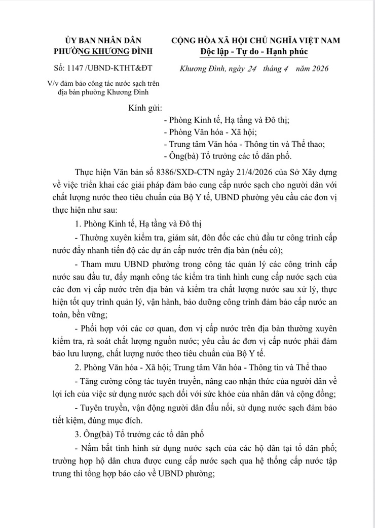 Phường Khương Đình triển khai nội dung đảm bảo công tác nước sạch trên địa bàn- Ảnh 1.