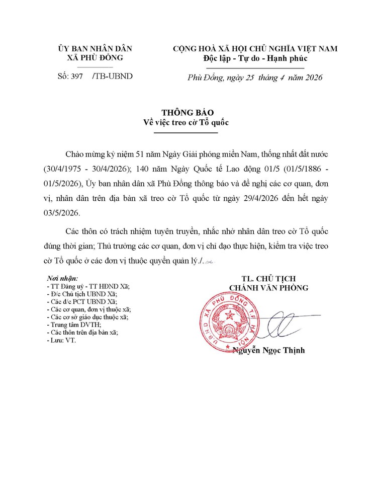 Thông báo treo cờ Tổ quốc từ ngày 29/4/2026 đến hết ngày 03/5/2026- Ảnh 1.