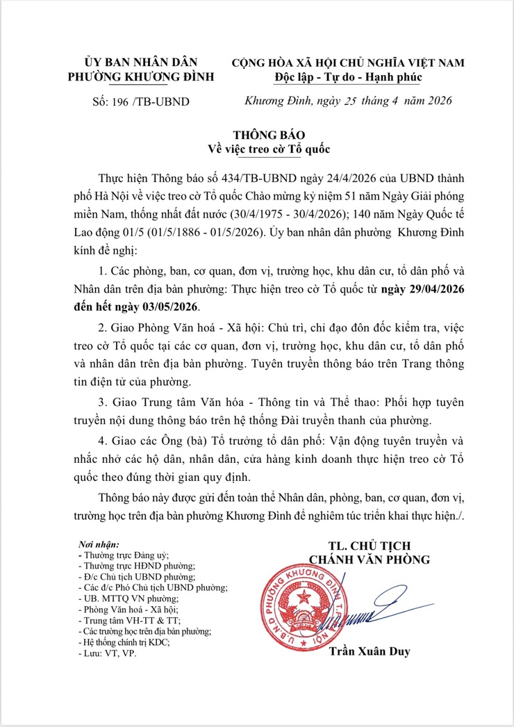 Thông báo treo cờ Tổ quốc chào mừng kỷ niệm Ngày Giải phóng miền Nam 30/4 và Ngày Quốc tế Lao động 01/5- Ảnh 1.