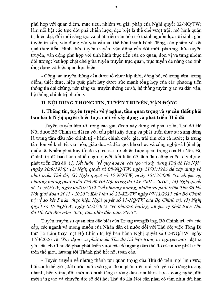 Kế hoạch 76-KH/ĐU ngày 22/04/2026 của Đảng uỷ phường Bạch Mai về Thông tin, tuyên truyền, vận động thực hiện Nghị quyết số 02-NQ/TW, ngày 17/3/2026 của Bộ Chính trị về xây dựng và phát triển Thủ đô Hà Nội trong kỷ nguyên mới- Ảnh 2.