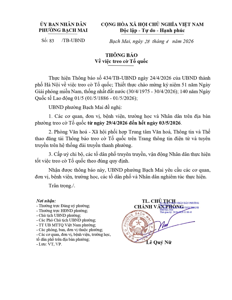Thông báo 83/TB-UBND ngày 28/04/2026 của UBND phường Bạch Mai về việc treo cờ Tổ quốc- Ảnh 1.