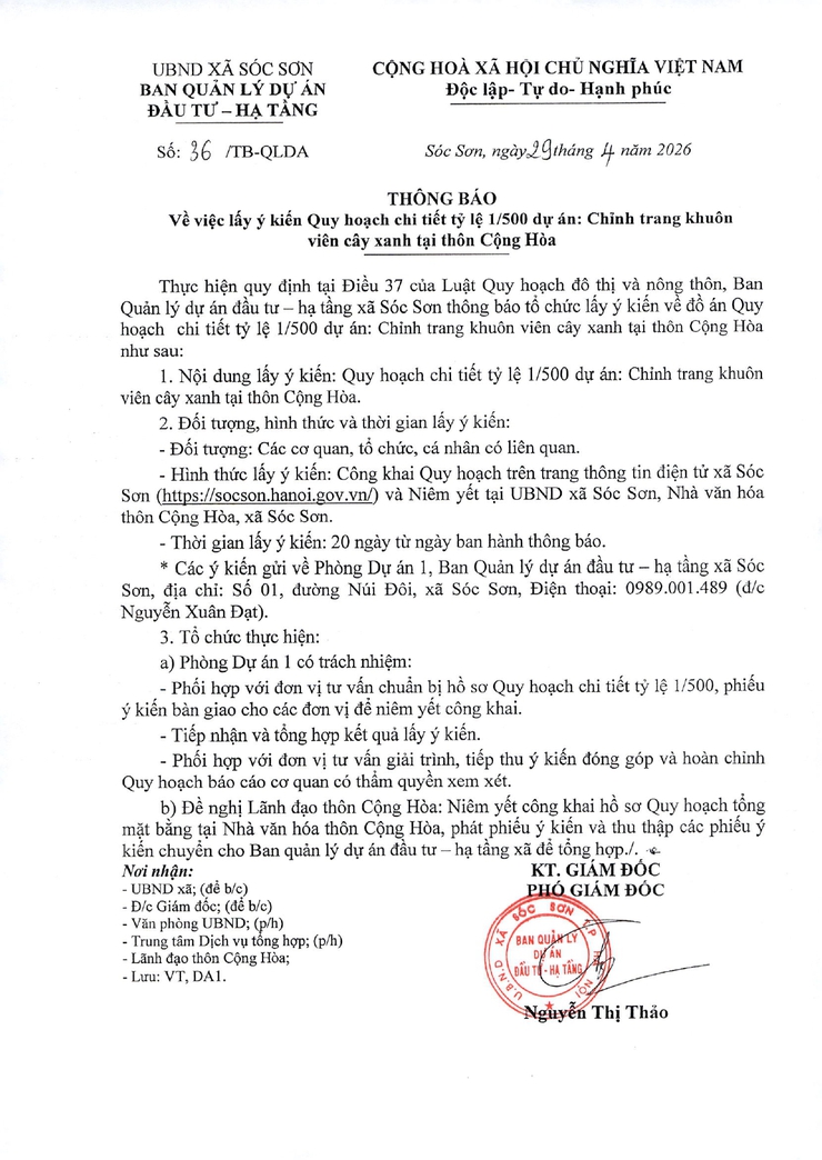 THÔNG BÁO LẤY Ý KIẾN QUY HOẠCH CHI TIẾT TỶ LỆ 1/500 DỰ ÁN CHỈNH TRANG KHUÔN VIÊN CÂY XANH TẠI THÔN CỘNG HÒA- Ảnh 1.