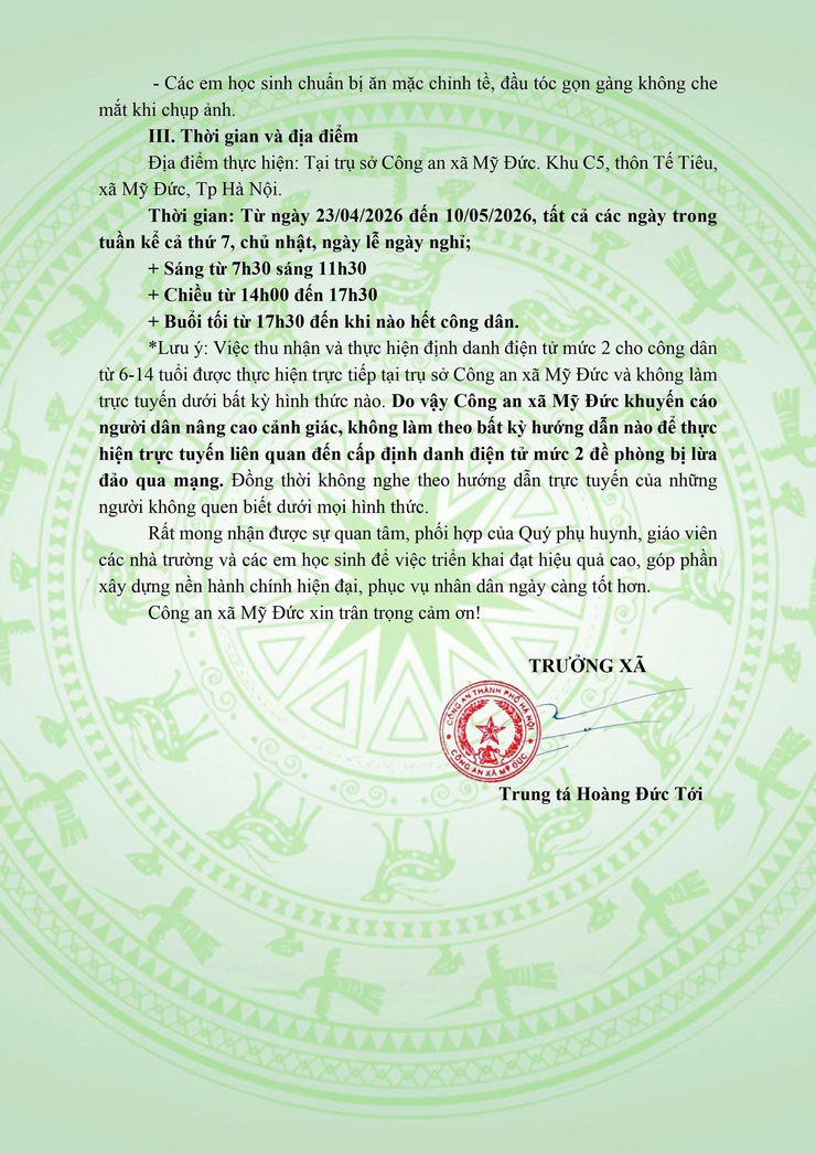 Công An xã Mỹ Đức thông báo đăng ký tài khoản định danh điện tử cho trẻ em từ 6 - 14 tuổi - Ảnh 2.