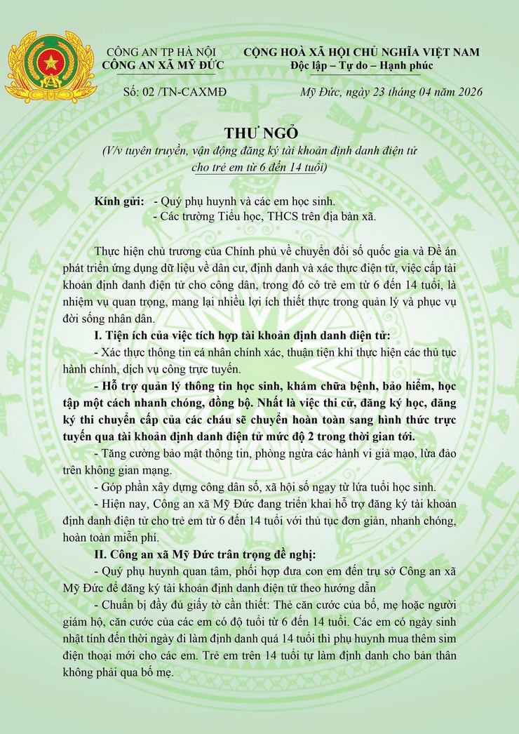 Công An xã Mỹ Đức thông báo đăng ký tài khoản định danh điện tử cho trẻ em từ 6 - 14 tuổi - Ảnh 1.