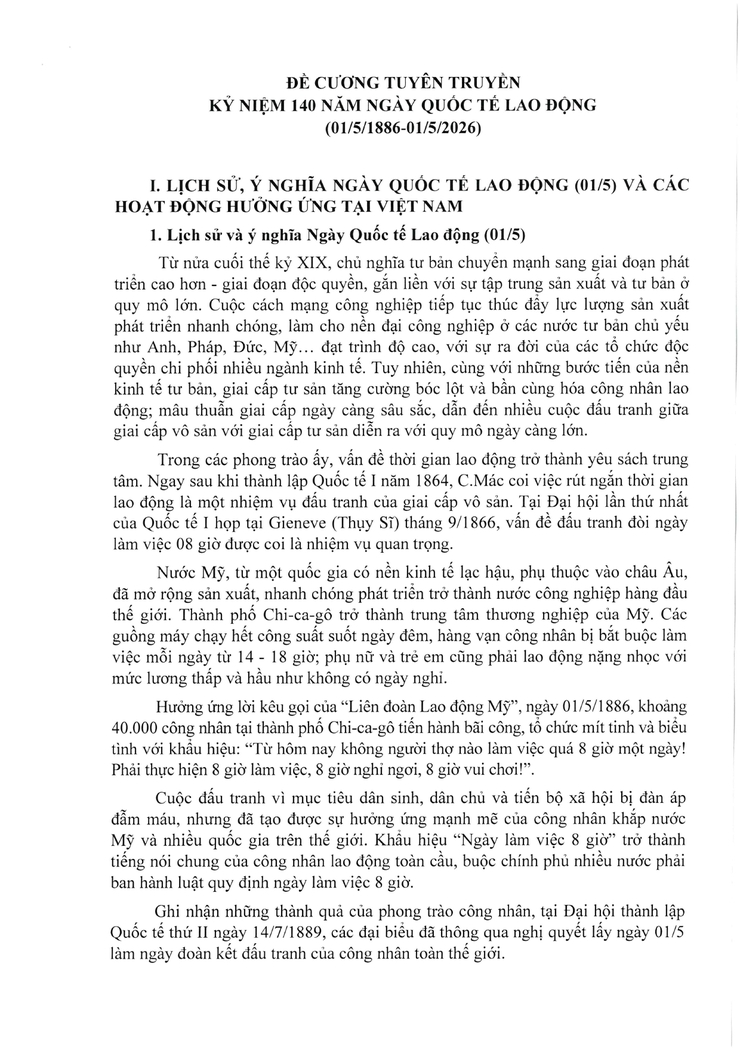 Đề cương Tuyên truyền kỷ niệm 140 năm Ngày Quốc tế Lao động (01/5/1886 - 01/5/2026)- Ảnh 1.