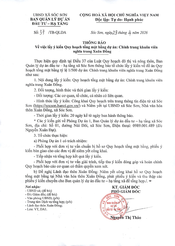 THÔNG BÁO LẤY Ý KIẾN QUY HOẠCH TMB DỰ ÁN CHỈNH TRANG KHUÔN VIÊN NGHĨA TRANG XUÂN ĐỒNG- Ảnh 1.