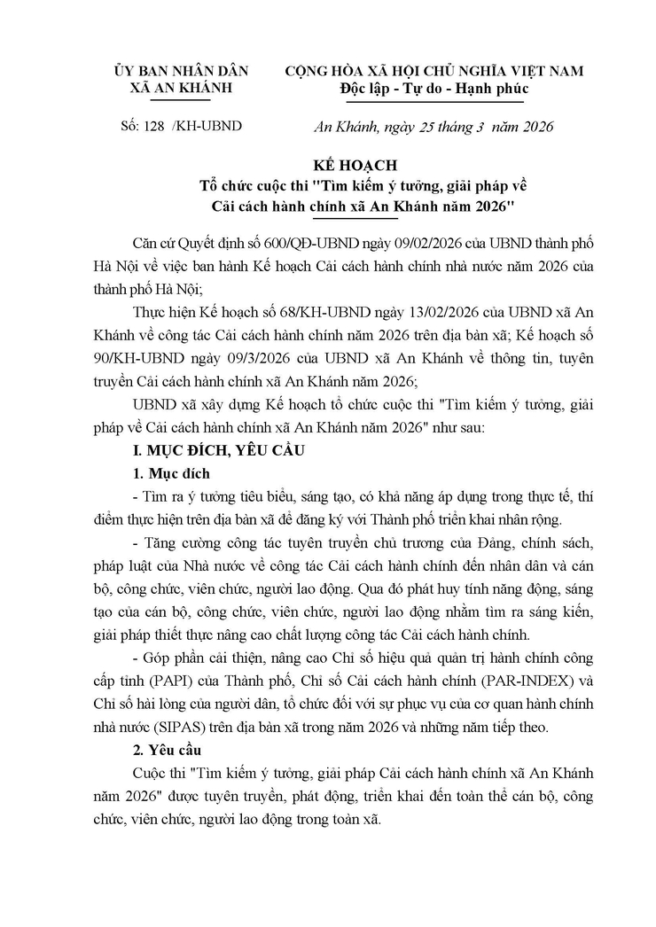 Cuộc thi "Tìm kiếm ý tưởng, giải pháp về Cải cách hành chính xã An Khánh năm 2026"- Ảnh 1.